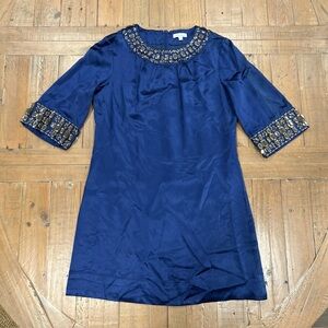 Shoshanna Navy Rhinestone Mini Dress Women’s 8 Satin Formal Chic Country Club
